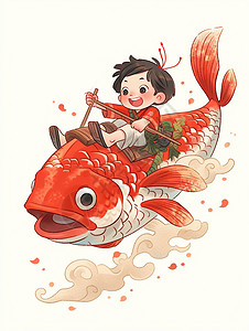 扁平风锦鲤穿着红色古风服装的卡通小男孩骑在红色巨型鲤鱼上穿梭在祥云间插画