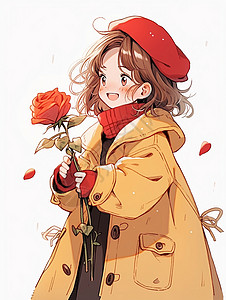 手拿红玫瑰戴着红围巾开心笑的卡通小女孩背景图片