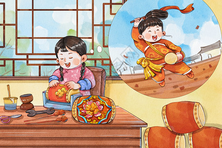 传统中国文化手绘水彩制作花鼓非遗传统文化插画插画