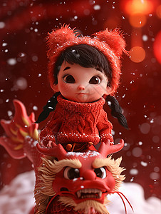 立体年俗背景穿着很红毛衣的立体可爱卡通女孩坐在龙头上插画