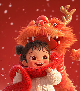 围着红色毛线围巾与龙一起玩耍的卡通小女孩插画