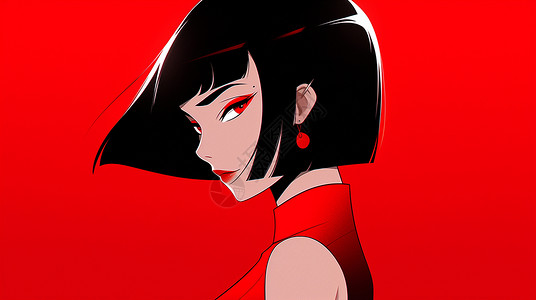 红色耳钉黑色短发戴着红色圆珠耳钉的扁平风卡通女孩插画