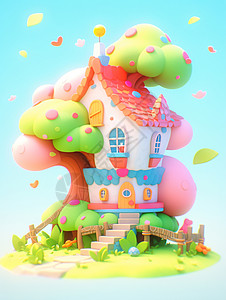 彩色排屋高高的大树前一座可爱的立体卡通小树屋插画