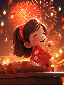新年衣服素材穿着红色衣服看着烟花开心笑的卡通小女孩插画