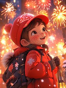 穿着红色厚外套戴着红色抱球帽抬头看烟花的卡通小女孩插画