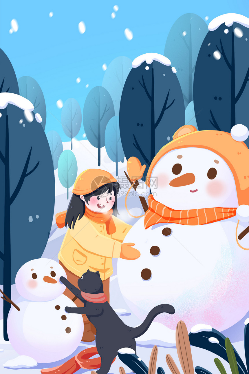 大寒节气主题插画小女孩小猫堆雪人画面图片