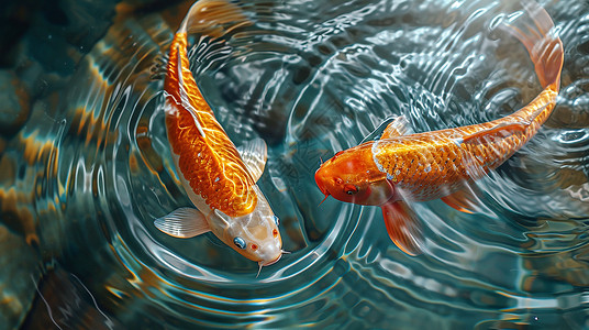 花色蟾蜍在清澈的水中游泳的两条金花色锦鲤插画