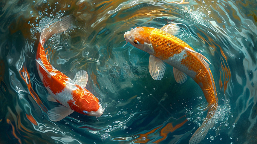 两条吉祥的卡通鲤鱼在水中自由的游泳图片