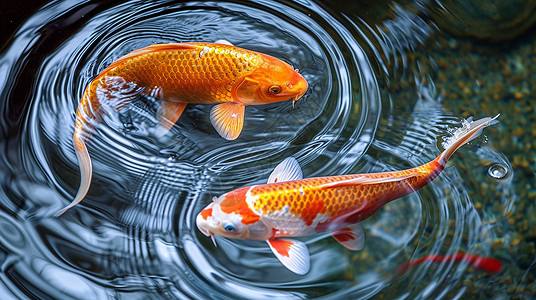 鱼在水中在水中开心游泳的两条金色鲤鱼插画