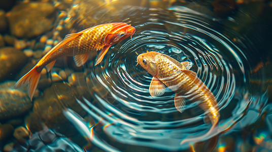 清澈小谭水中两条金色的鲤鱼在游泳背景图片