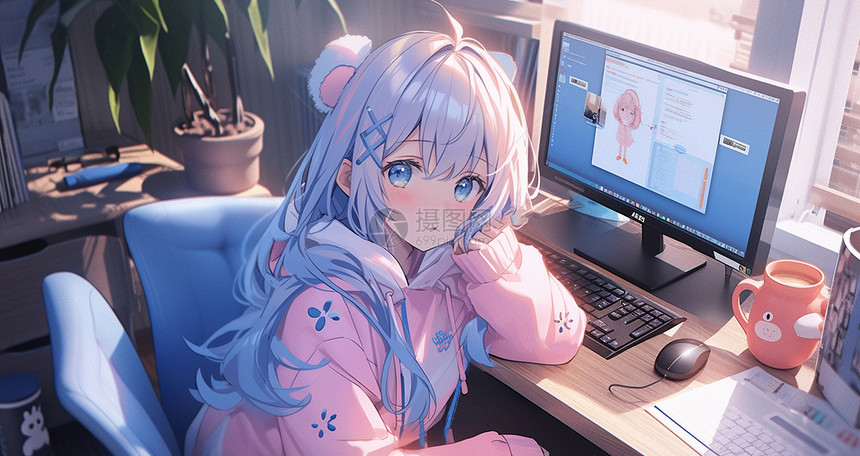 穿着粉色卫衣坐在电脑桌前小清新漂亮的卡通女孩图片