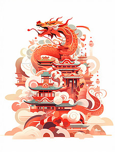 红色喜庆的卡通龙飞舞在古建筑中祥云间背景图片