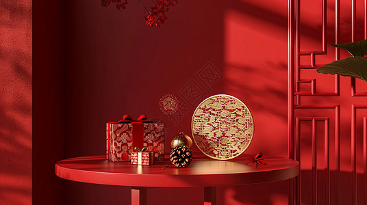 打开门窗红色喜庆的圆桌上放着礼物盒插画