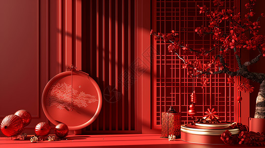 门窗新年喜庆的中国风复古时尚红色卡通背景插画