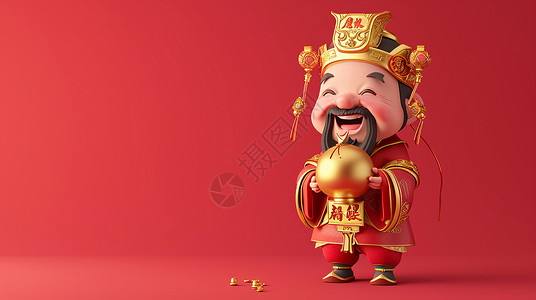 穿着喜庆红色古风服装开心笑的卡通财神爷背景图片