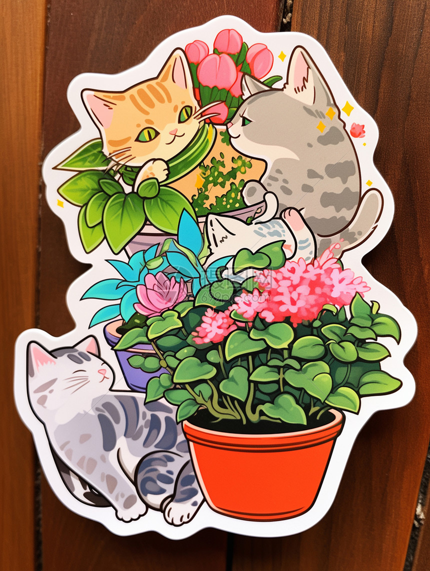 几只在盆栽旁玩耍的可爱卡通小猫贴纸图片