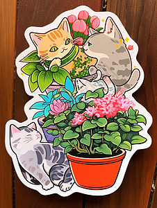 几只在盆栽旁玩耍的可爱卡通小猫贴纸背景图片