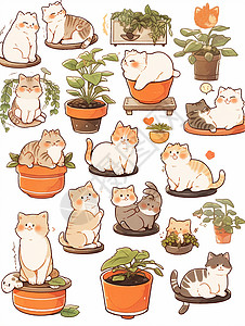 各种动作可爱的卡通小猫与盆栽贴纸背景图片