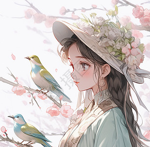 头戴花朵帽子站在桃树下看着小鸟古风卡通女孩背景图片