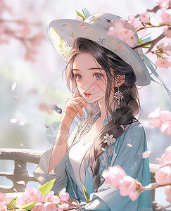 在桃花园中欣赏桃花的古风卡通女孩背景图片