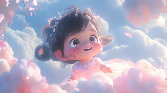 梦幻卡通小女孩在软软的云朵上背景图片
