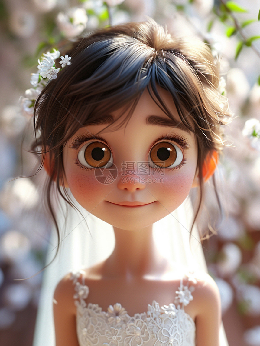 穿着白色公主裙大眼睛漂亮的立体卡通小女孩图片