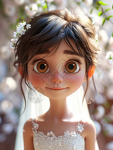 穿着白色公主裙大眼睛漂亮的立体卡通小女孩高清图片
