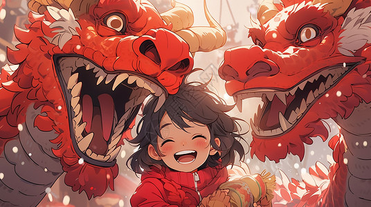 两条龙素材与两条红色龙一起开心笑的卡通小女孩插画