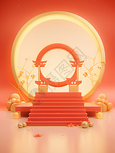 喜庆红色楼梯的电商展台卡通背景背景图片