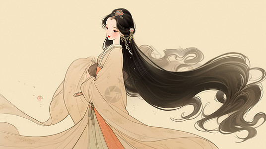 仙气古风穿着古风服装仙气飘飘的古风长发优雅的卡通女人插画