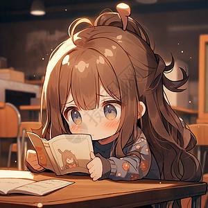 棕色长发在书桌上认真看书的卡通小女孩背景图片
