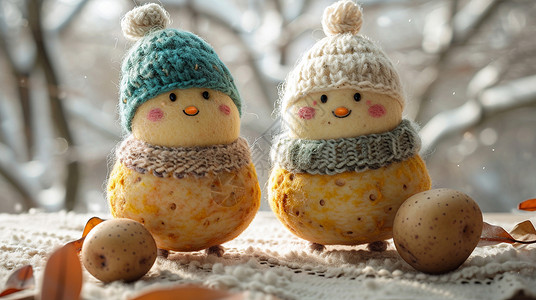 户外形象戴着毛线帽和围巾冬天站在户外的可爱卡通小土豆插画