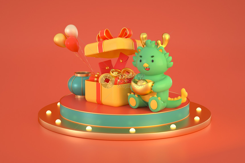 3D新年龙年礼物盒场景图片