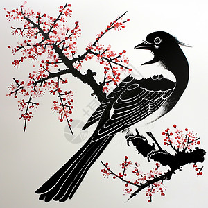 鸟在枝头上在梅花枝头上休息的喜鹊鸟中国风插画插画