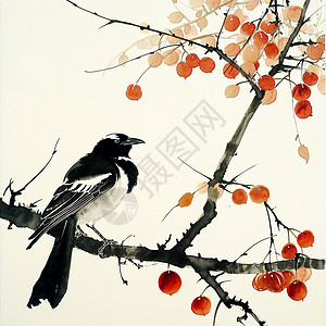 水墨风小清新卡通中国画在结满果实枝头上的卡通喜鹊背景图片