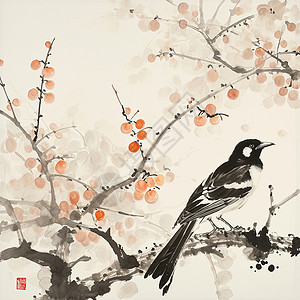 雪地里的橘子中国风水墨画一只小小的卡通喜鹊落在树枝上插画