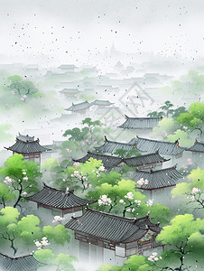 春天绿树背景春天唯美的水墨古风村庄风景画插画
