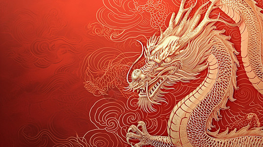 金色龙金色霸气的卡通龙图案在喜庆的红色背景上插画