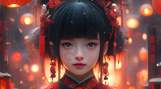 穿喜庆的红色服装扎丸子头的年轻卡通女孩背景图片