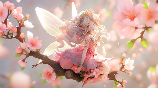 穿粉色公主裙坐在桃花枝上的可爱卡通小公主背景图片