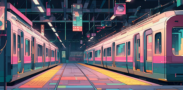 在地铁在车站的两辆粉色卡通地铁插画