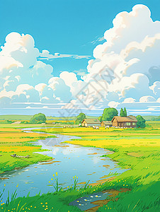 春天蓝天白云下嫩绿的草地上几座小小房屋背景图片