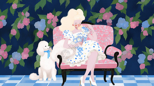 坐在粉色碎花沙发上的卡通女孩与坐在一旁的卡通宠物狗背景图片