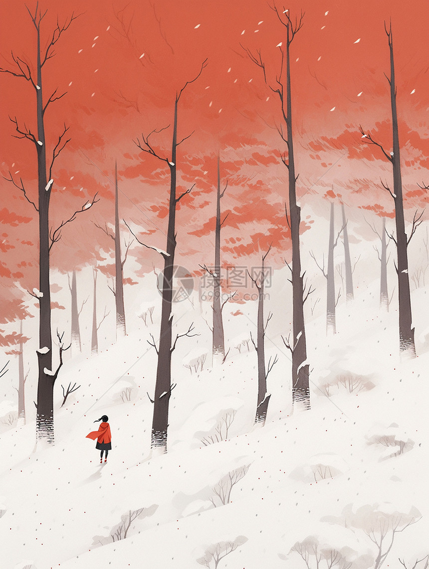 一个小小的卡通人物走在森林雪地中唯美梦幻卡通风景图片