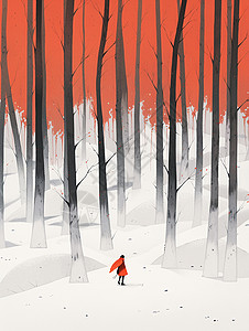 高高的树林中一个小小的卡通人物背影唯美插画背景图片