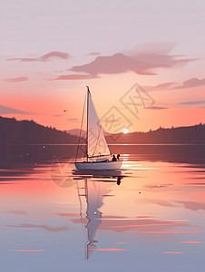 二龙湖落日傍晚停在湖面上的一艘小帆船插画