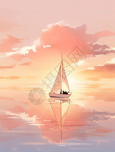二龙湖落日唯美安静的湖面上一艘小小的帆船卡通风景插画