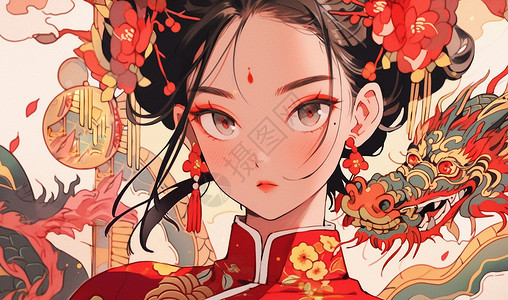 春节服装穿着红色古风服装喜庆装扮漂亮的卡通女孩与龙插画