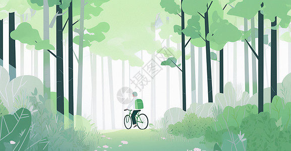 背着书包骑自行车卡通人物在森林中骑行背景图片
