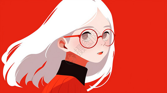红色眼镜白色长发戴着眼镜的时尚卡通女孩插画